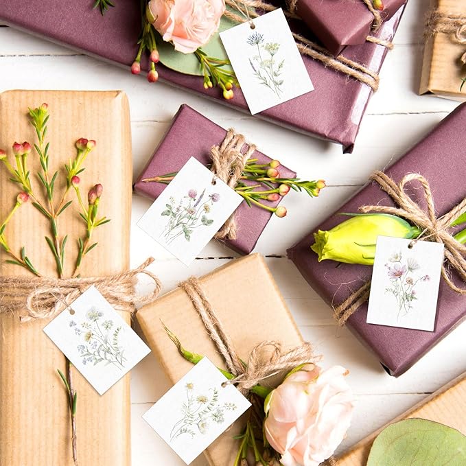 50 Set Floral Blank Gift Tags with String, 2 x 3 in Watercolor Bouquet Paper Gift Tags Set 5 Assorted Flower Designs Label Tag for Wedding Bridal Baby Shower Xmas Party Decor Supplies