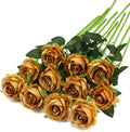 Gold Fake Roses Artificial Flowers - 10 Pcs Fake Artificial Roses Silk Flowers with Stems for Home Wedding Hotel Office Centerpiece Decor