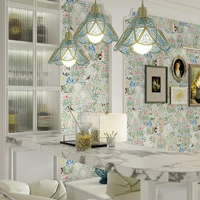 Heroad Floral Peel and Stick Wallpaper Light Green Wallpaper Boho French Country Contact Paper Cat Birds Removable Self-Adhesive Wall Paper for Bedroom Kitchen Cabinets Decoration Vinyl 17.3”x78.7”