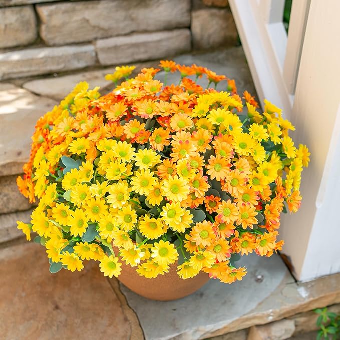 Daisy Artificial Flowers for Outdoors Spring Decoration, 6 Bundles Fake Mums Silk Flowers for Outside Look Real UV Resistant Fake Plants Faux Flowers for Planter Front Door Home Yard Indoor Porch, Mix