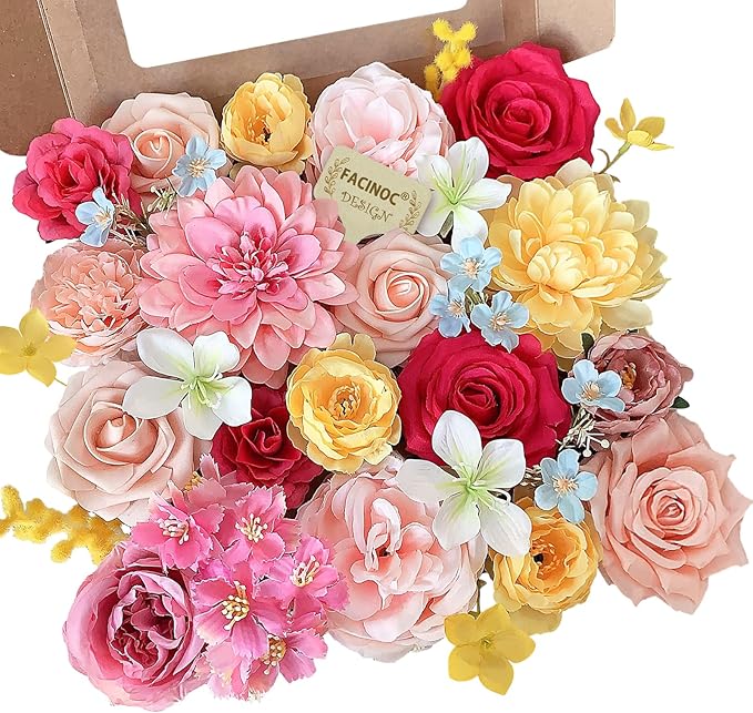 Roses Artificial Flowers Pink Yellow Fake Flower Bulk for Easter Spring Wreath DIY Wedding Bouquet Bridal Baby Shower Party Table Centerpiece Home Decorations Silk Floral Arrangements Fuchsia