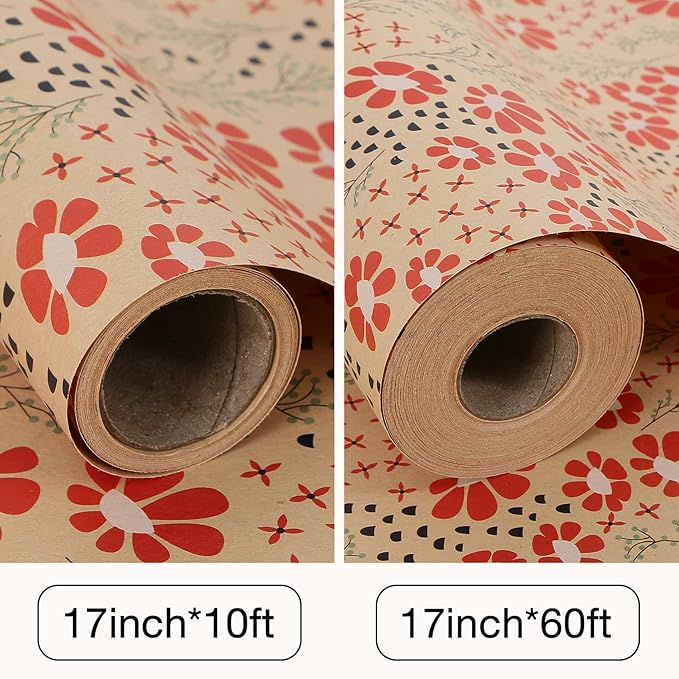 Aimyoo Kraft Floral Wrapping Paper Jumbo Roll, All Occasion Flower Gift Wrap Paper for Wedding Bridal Shower Birthday, 17 in x 60 ft