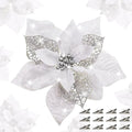 24 Pcs Christmas Poinsettia Flowers Artificial with Clips, 5.9" Christmas Decor Glitter Poinsettia Flowers for Christmas Tree New Year Wedding Party Wreath DIY Garland Decor (Sliver)