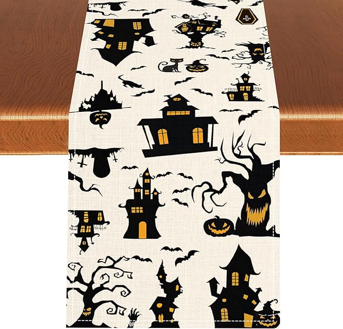 Halloween Table Runner, Retro Gothic Spoonky House Day of Death Mysterious Halloween Coffee Table Center Decor for Home Kitchen Dining Patio Holiday Party Table Decorations 13x90 inches
