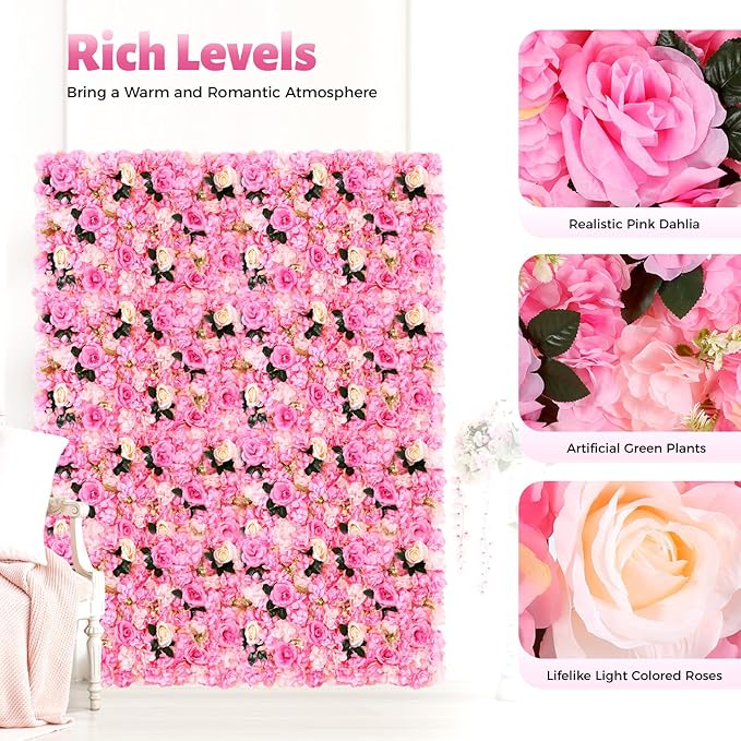 Pink Flower Wall Flower Backdrop Artificial Flower Wall Backdrop 3D Floral Panels for Home Party Wedding Room Decoration 12 Pcs (60x40cm/Deep Pink)