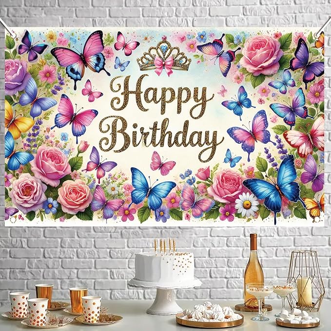 Happy Birthday Backdrop Butterfly Floral Banner Crown Decorations Photography Background for Women Girls Princess Supplies Cake Table Photo Shoot Props 71 x 43 Inch