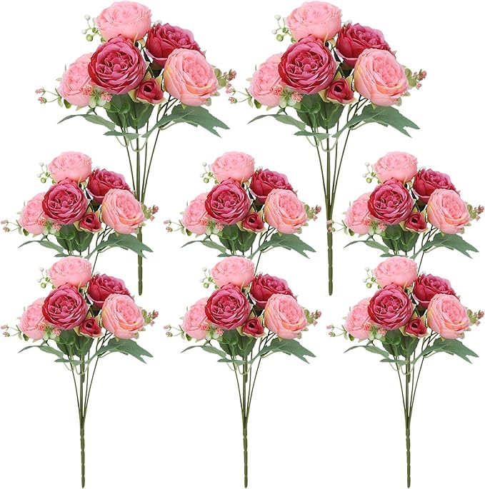 8 Pack Pink, Dark Pink Peonies Artificial Flowers, Fake Silk Hydrangea Bouquet for Bridal Wedding Home Table Decor Reusable Dining Opening Ceremony Birthday Arrangement Faux Floral
