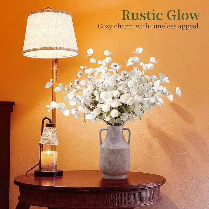 Real-Touch Faux Silk Mums Bouquet, Bendable Long Stems, Full & Realistic Artificial Flower Arrangement for Vase, Table, Wedding & Wreath Décor, Beige(No Vase) (White Kiku+Wax+Eucalyptus)