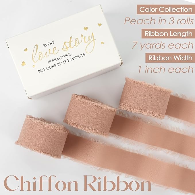 MEEDEE Peach Chiffon Ribbon 1 Inch Frayed Ribbons Orange Chiffon Silk Fringe Ribbon Thin Chiffon Ribbons for Crafts, Gift Wrapping, Wedding Invitation (3 Rolls 21 Yards)
