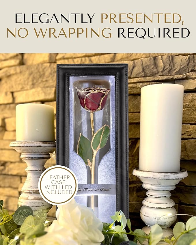 Forever Rose Hand-Dipped in 24K Gold, Garnet-Inspired January Birthstone with Sparkles, Real Rose in Leather Case with LED Light – Perfect Ready to Gift for January Birthday or Any Occasion
