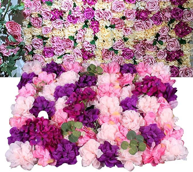 6Pcs 23.62"x 15.74"x 0.79" Artificial Flower Wall Panels,Flower Wall Mat Silk Flower Panels for Outdoor Garden Backyard Fence Fence Privacy Screen and Indoor Wall Decor(Pink+Purple)