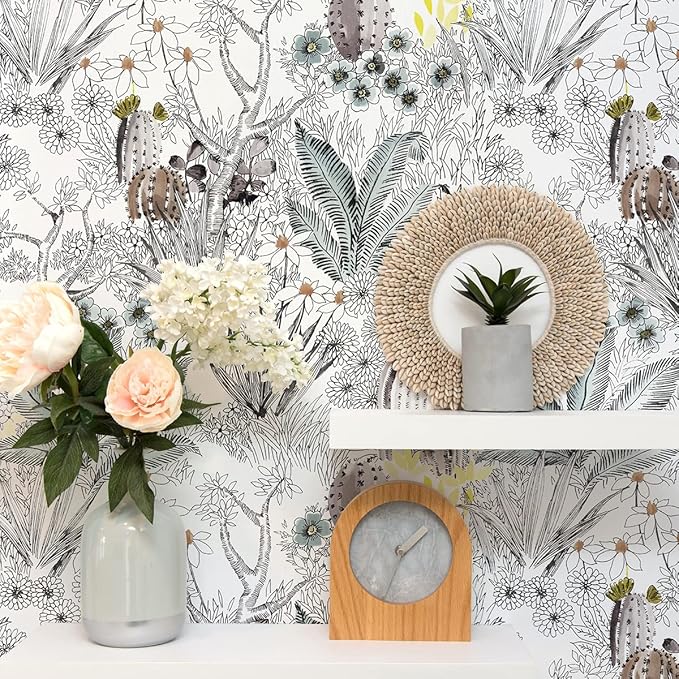 Wudnaye Gray Floral Peel and Stick Wallpaper Vintage Contact Paper 17.7 inch × 118.1 inch Self Adhesive Removable Wall Paper Stick and Peel Waterproof Botanical Wallpaper for Bathroom