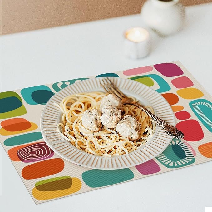 Mid Century Colorful Modern Placemats Set of 6,Kitchen Table Mats for Dining Outdoor Home Decor 12x18 Retro Place Mats 6 PCS, Style-15