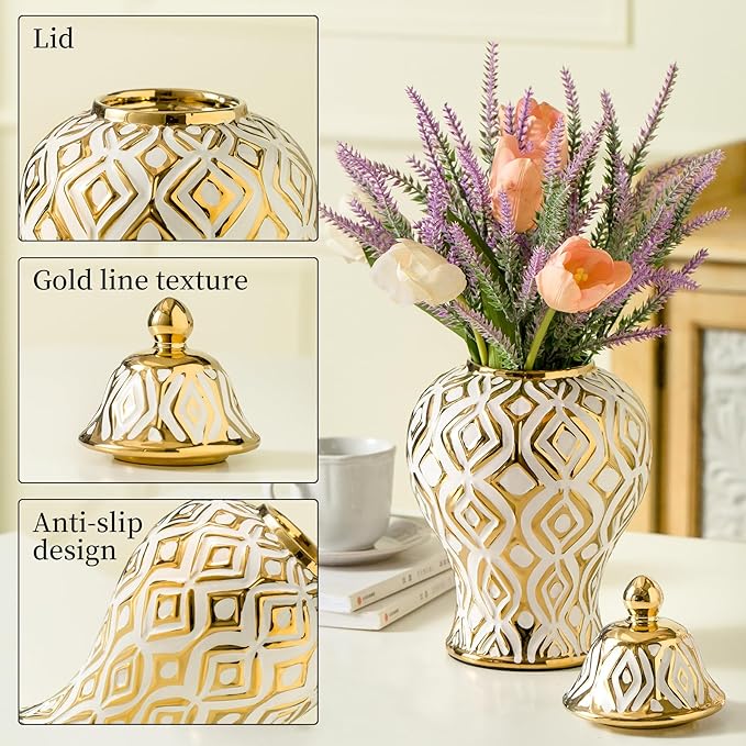 White and Gold Vase with Lid, Ginger Jars for Home Decor, Ceramic Flower Vase for Home, Kitchen, Bookshelf Decor, Storage jar, Table Center Vase, Centerpieces Jarrones(11in)