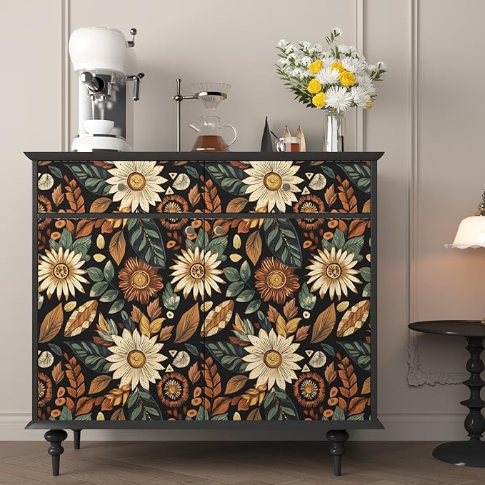 Boho Wallpaper Peel and Stick,Vintage Black Brown/Green Floral Contact Paper 17.5" x 118", Retro Flower Botanical Wall Paper Self Adhesive Removable Waterproof for Walls Shelves Cabinet Table Decor