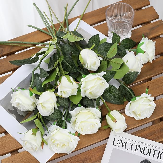 Tifuly White Roses Artificial Flowers - 12 pcs Realistic Long Stem Fake Roses Mashup Style Silk Roses for DIY Bouquets Wedding Centerpieces Arrangements Home Party Decor