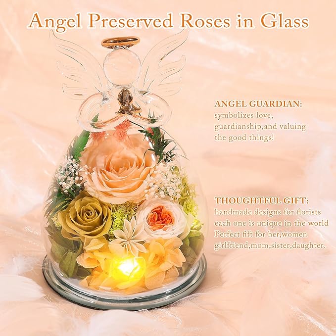 FIACO Gifts for Women Birthday Christmas Preserved Rose Forever Flower in Glass Angel Figurines Fresh Flowers for Delivery for Mom Real Colorful Roses for Grandma Wife Her from Daughter