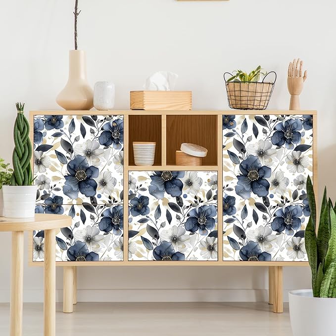 Floral Peel and Stick Wallpaper - Vintage Dark Blue/Gray Flower Boho Wallpaper - Removable, Renter Friendly - 17.71'x236.2'