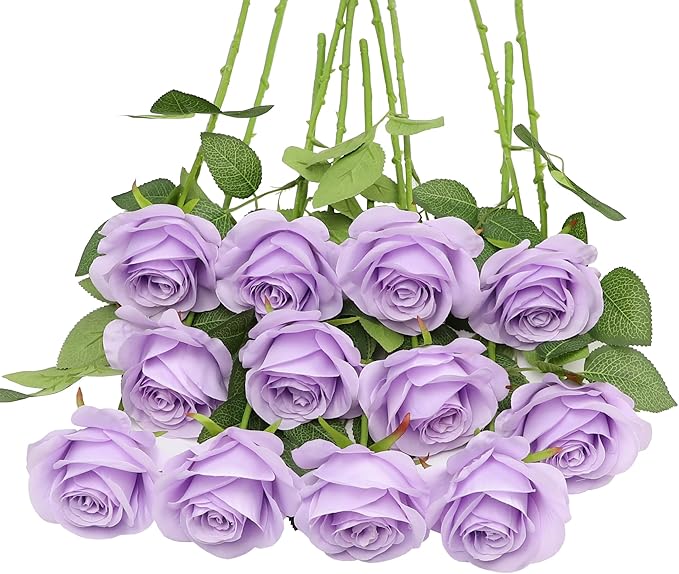 12pcs Lavender Roses Artificial Flowers Lliac Roses Purple Roses Fake Roses Flowers with Long Stems Silk Flowers for Wedding Bouquet Centerpices Decorations Party Bridal Baby Shower