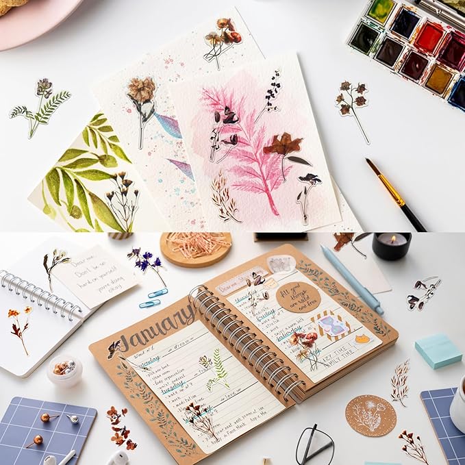 Natural Flower Sticker for Scrapbooking,PET Nature Plant Stickers Floral Stickers Vintage Craft Sticker,for Journaling Scrapbooking Clear Flower Decal (Style A)