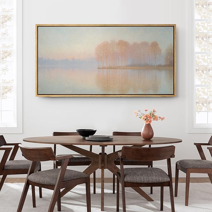 SIGNFORD Extra Large Framed Canvas Print Wall Art Sunrise Over Autumn Trees and Lake Soft Pastel Nature Illustrations Modern Art Relax/Calm Warm for Living Room, Bedroom, Office - 60"x30"