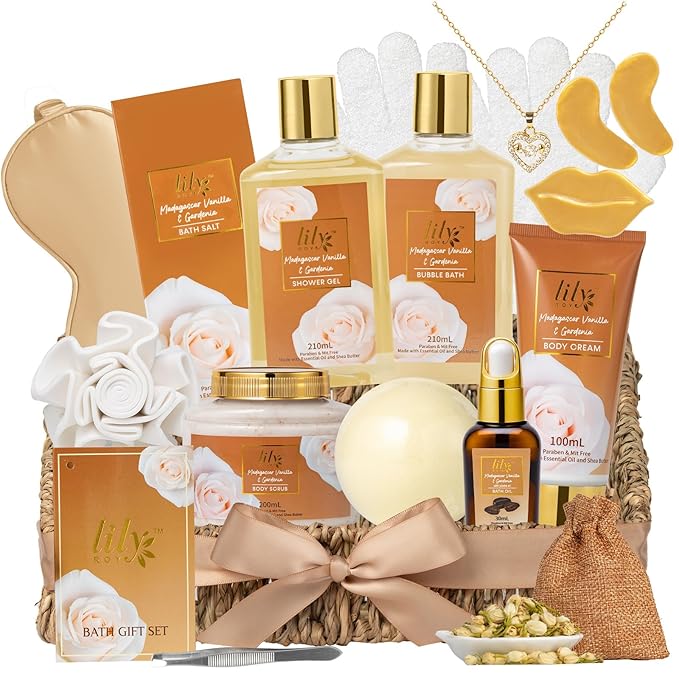Christmas Gifts for Women - 17Pcs Vanilla Bath and Body Gift Basket Set for Women Spa Gift Baskets Spa Kit | Perfect Gifts for Valentines, Mothers Day, Birthday Gifts, Self Skin Care Gift Sets for Her