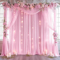 20ft x 10ft Pink Backdrop Curtain with Lights String for Parties, Sheer Tulle Wedding Photo Backdrops Drapes for Baby Shower Birthday Party Decorations Background for Photography