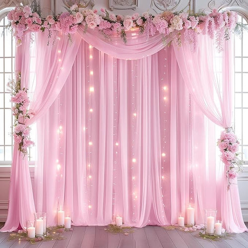 10ft x 10ft Pink Backdrop Curtain with Lights String for Parties, Sheer Tulle Wedding Photo Backdrops Drapes for Baby Shower Birthday Party Decorations Background for Photography