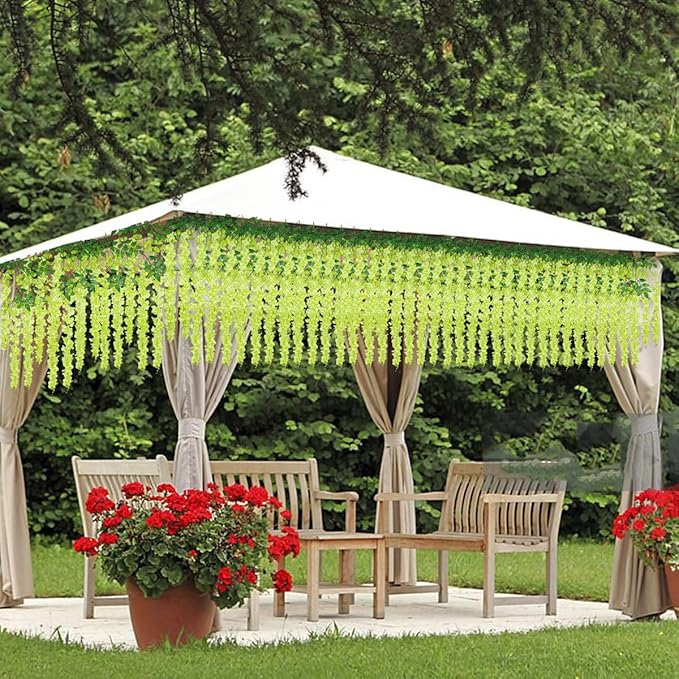 Artificial Wisteria Hanging Flowers Fake Wisteria Flower Garland Silk Vines Rattan Decor for Home Wedding Arch Wall Garden Greenery Bedroom Outdoor Office Party Decoration(24, Green)