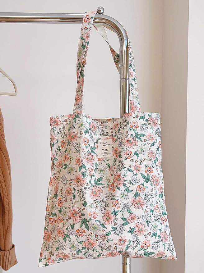 Cotton Canvas Tote Bag Reusable Soft Grocery Cloth Bag Floral Shoulder Bag for Beach Travel Shopping