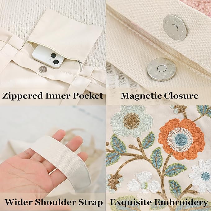 Aesthetic Embroidery Tote Bag for Lady Cute Reusable Canvas Shoulder Bag for Girls Women Shopping Grocery