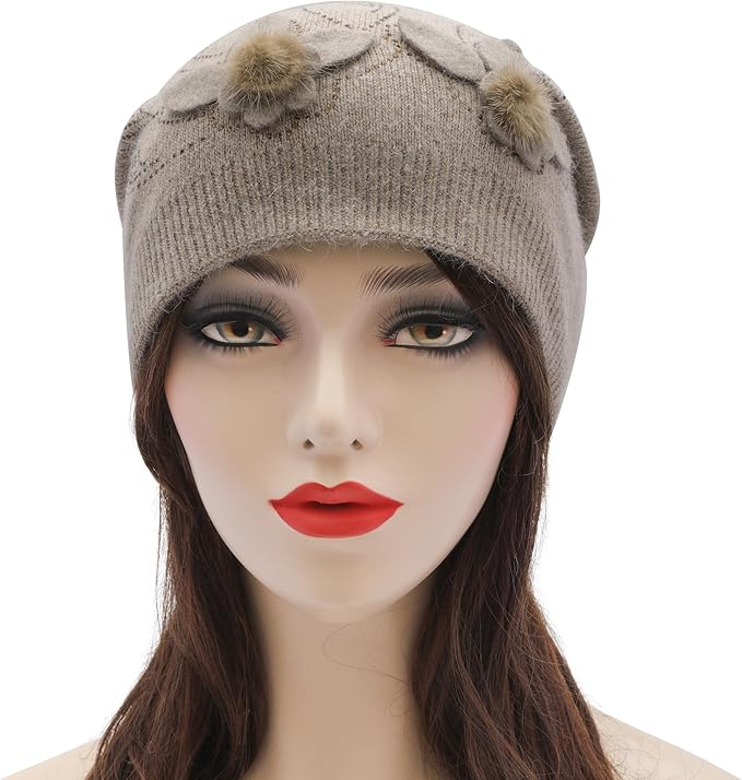 ZLYC Women Floral Slouchy Beanie Hat Double Layer Winter Knit Skull Cap