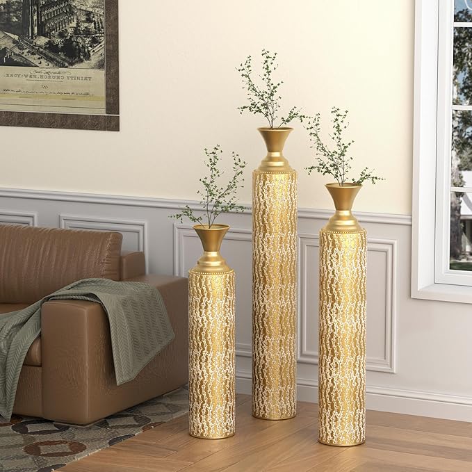 Floor Vases, Tall Home Decor Metal Vase Set of 3 Large Glazed Decorative Vases for Wedding Decor, Elegant Modern Flower Holder for Living Room, Entryway, Hallway, Dining Room