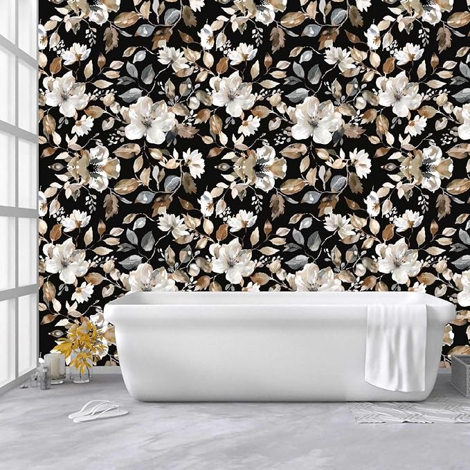 Vintage Dark Black Floral Peel and Stick Wallpaper Modern Botanical Flower Waterproof Removable Self Adhesive Vinyl Contact Wall Paper for Farmhouse Bathroom 17.7" X 124" Roll
