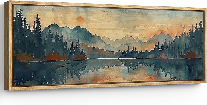 SIGNFORD Large Framed Canvas Print Wall Art Peaceful Lake and Forest Illustrations Modern Art Calm Warm for Living Room, Bedroom, Office - 60"x20"