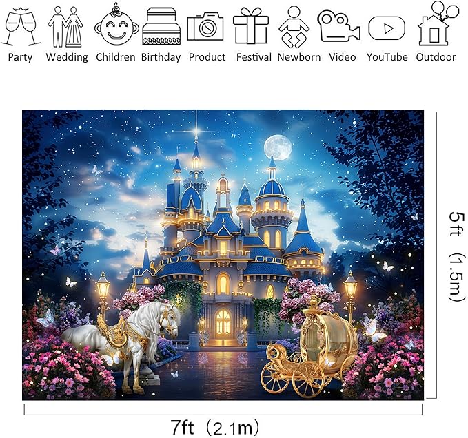 Riyidecor Princess Castle Backdrop Polyester Fabric Garden Floral Starry Night Horse Carriage 7Wx5H Feet Fairy Tale Wonderland Photography Background Bridal Shower Wedding Birthday Photo Studio Shoot
