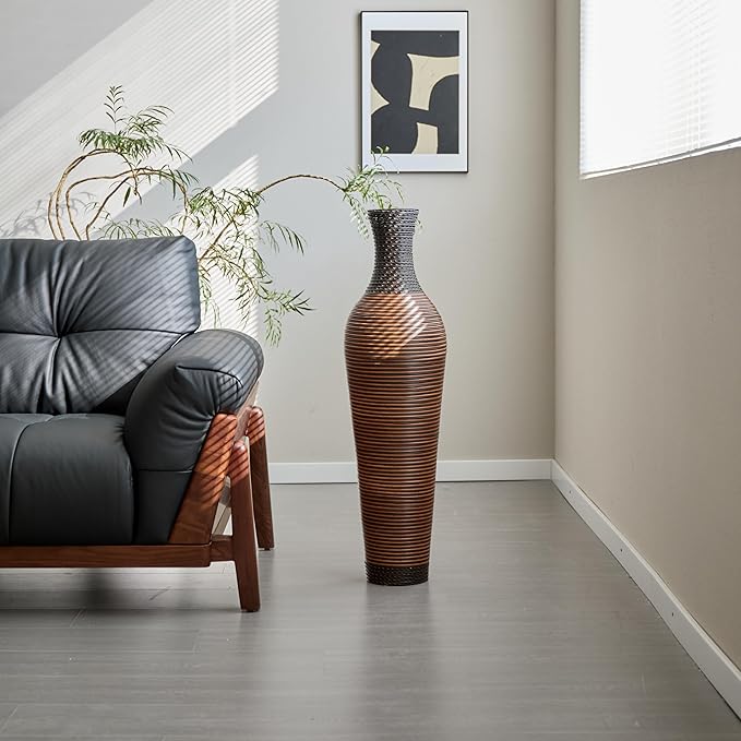 Large Hand-Woven Bamboo Floor Vase, Tall Home Decor Floor Vase for Fake Flower Dried, PVC Decorative Flower Holder for Living Room, Bedroom, Dining Room, Entryway, Hallway