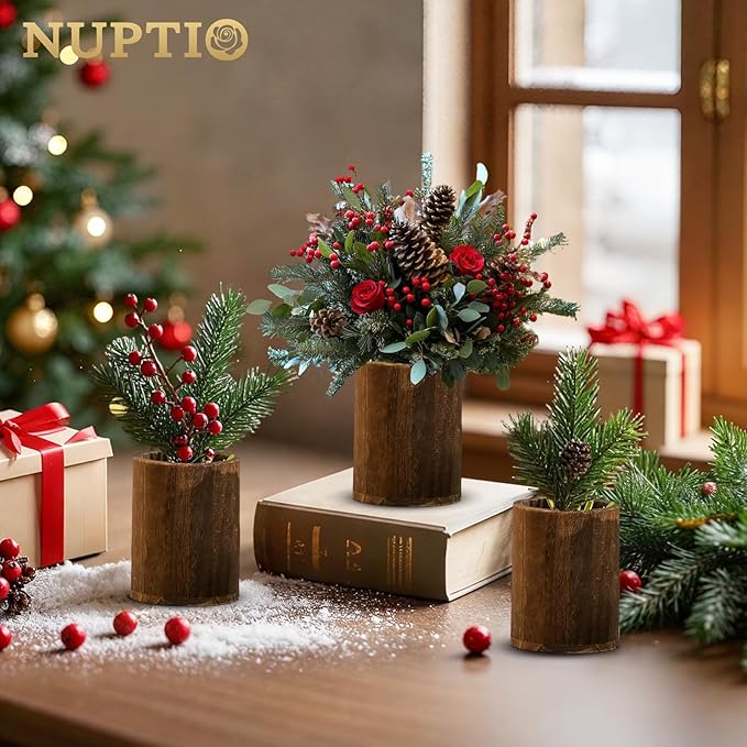 NUPTIO Wood Vases Rustic Centerpiece: 2 Pcs 5.1" Wooden Vase for Home Decor - Brown Small Vase for Wedding Table Living Room Shelf Decor