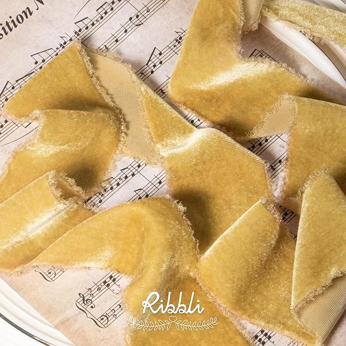 Ribbli Champagne Gold Velvet Ribbon 2 Inch Handmade Frayed Vintage Christmas Ribbon for Gift Wrapping Christmas Tree Ornament Wreath Craft Home Decor -3 Yards