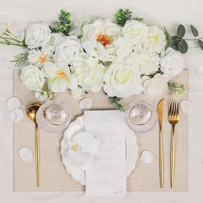 TINGE TIME Artificial Flowers Combo Mix Silk Flowers White Roses w/stem for DIY Wedding Bridal Bouquets Baby Shower Floral Arrangement Table Centerpieces Home Decorations (Ivory White)