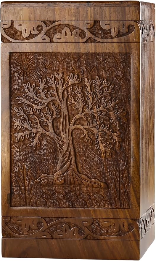 INTAJ Handcarved Wooden Cremation Urn for Human Ashes - Tree of Life Design, 250 lbs Capacity, Suitable for Adult Men and Women - Decorative Funeral Urn Box and Casket