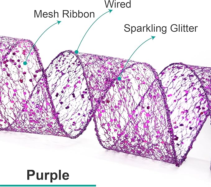 CT CRAFT LLC Sparkling Glitter Mesh Wired Ribbon 2.5" x 20 Yards Purple for Christmas Home Decor Bow Gift Wrapping DIY Crafts Wreath