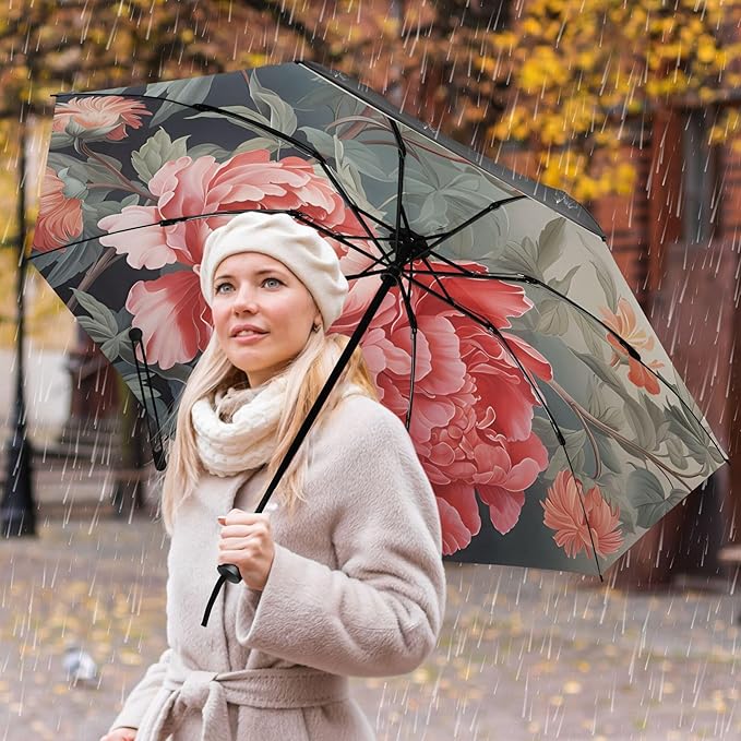 Automatic Folding Umbrella Windproof Strong, UV Protection Compact Floral Hydrangea Hummingbird Sun Rain Sun Rain Travel Umbrellas for Women Men