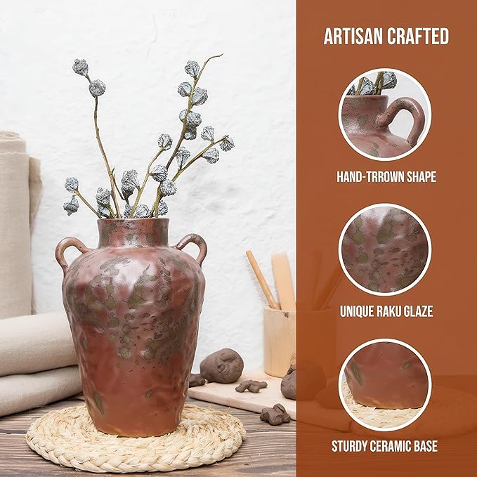 8IN Rustic Farmhouse Ceramic Vase Home Decor, Vintage Stoneware Clay Pottery Terracotta Textured for Modern Farmhouse, Living Room, Office Desk Table Shelf（Brown and Green）