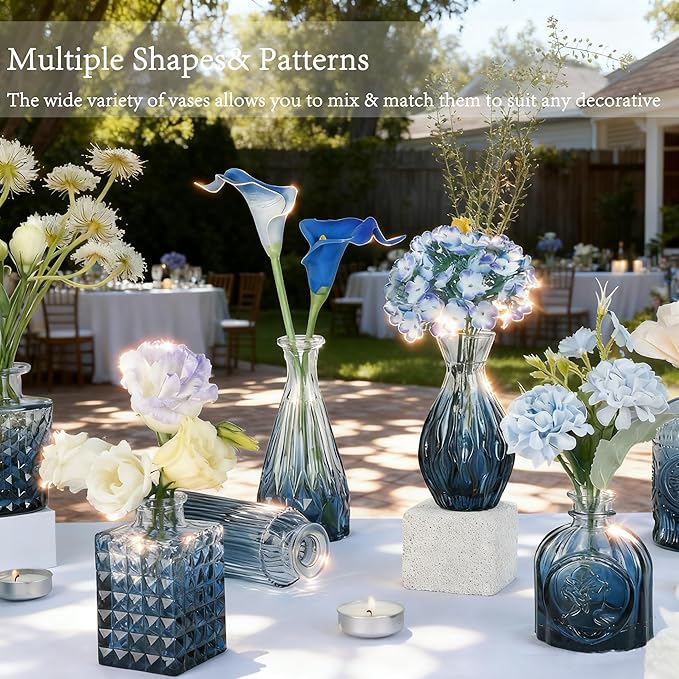 Bud Vases Set of 12 Pcs, Blue Mini Glass Vases for Flowers, Vintage Small Vase for Centerpieces, Small Flower Vase Design for Wedding Decorations Home Flower Party Decor