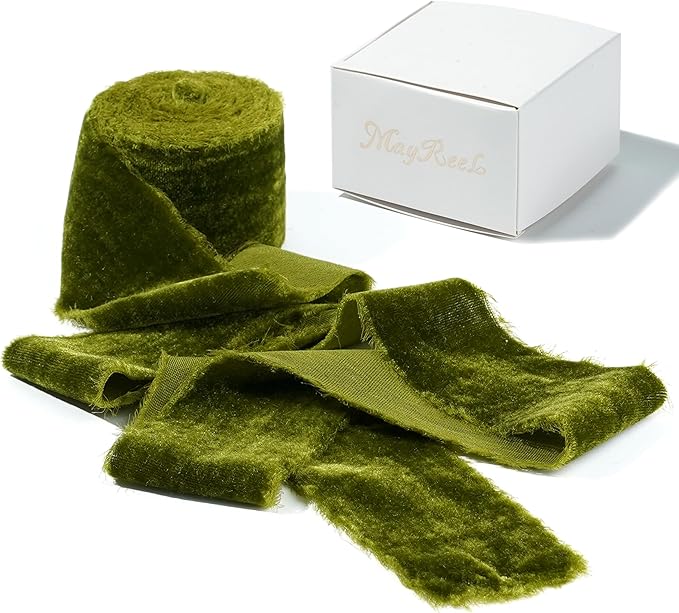 MAYREEL 2 Inch Moss Green Velvet Ribbon Hand Torn Olive Silk Frayed Edge for Bridal Bouquets Invitations Wedding Vow Books Gift Baskets Hair Bows 3 Yards