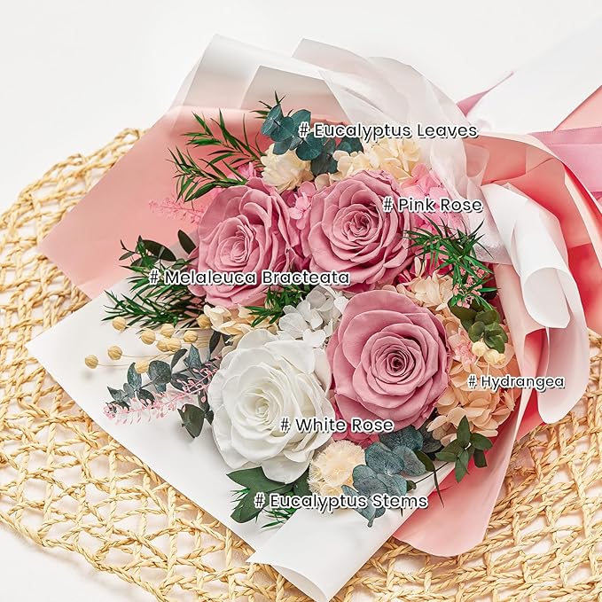 Forever Flowers Gifts for Her, Preserved Flowers Bouquet Birthday Gifts for Women, Preserved Roses for Grandma Wife Anniversary Valentine's Day Mother's Day (Dusty Pink)