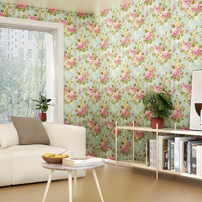 Blue Rose Wallpaper Peel and Stick Boho Wallpaper 17.5in x 32.8ft Vintage Floral Contact Paper Vinyl Self Adhesive Removable Modern Floral Wall Paper for Bedroom Shelf Liner Cabinet Decor
