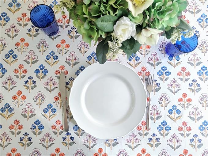 ATOSII Flora Bloom 100% Cotton Square Boho Fall Tablecloth, Handblock Floral Table Cloth Linen for Kitchen Dining I Parties Wedding Outdoors Christmas Thanksgiving I Fall Home Decor 60 X 60 Inches