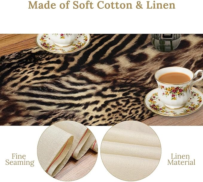 Animal Skin Print Table Runner, Vintage Farmhouse Cottage Country Western Wildlife Safari Leopard Zebra Dinner Runner for Kitchen Dining Table Party Holiday 13x36in